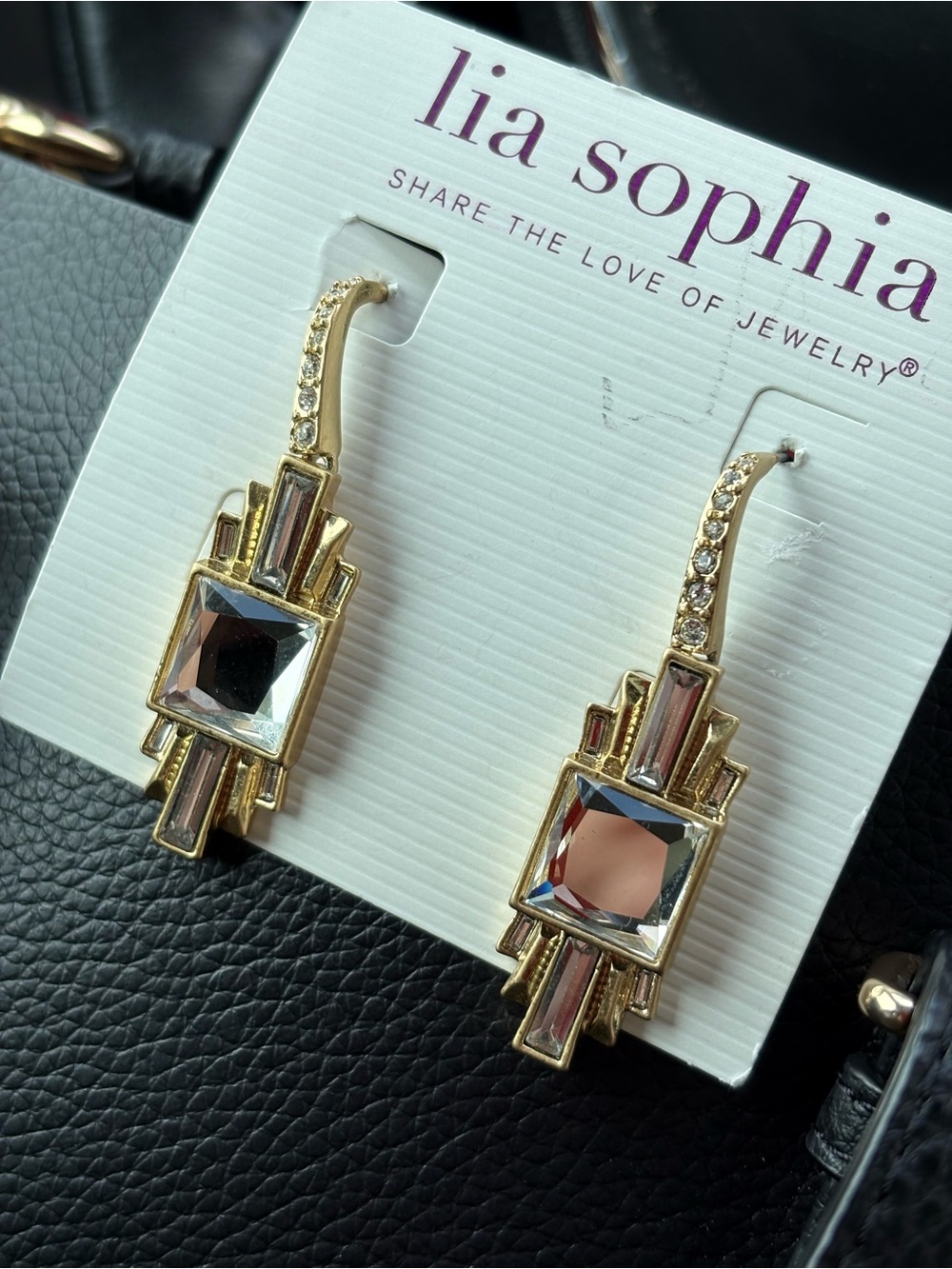 Lia Sophia Gold-tone Art Deco Earrings with Blush Crystal Centers